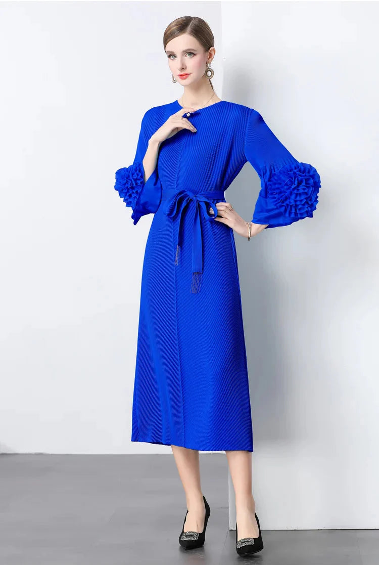 Floral Cape Sleeve Plisse Dress