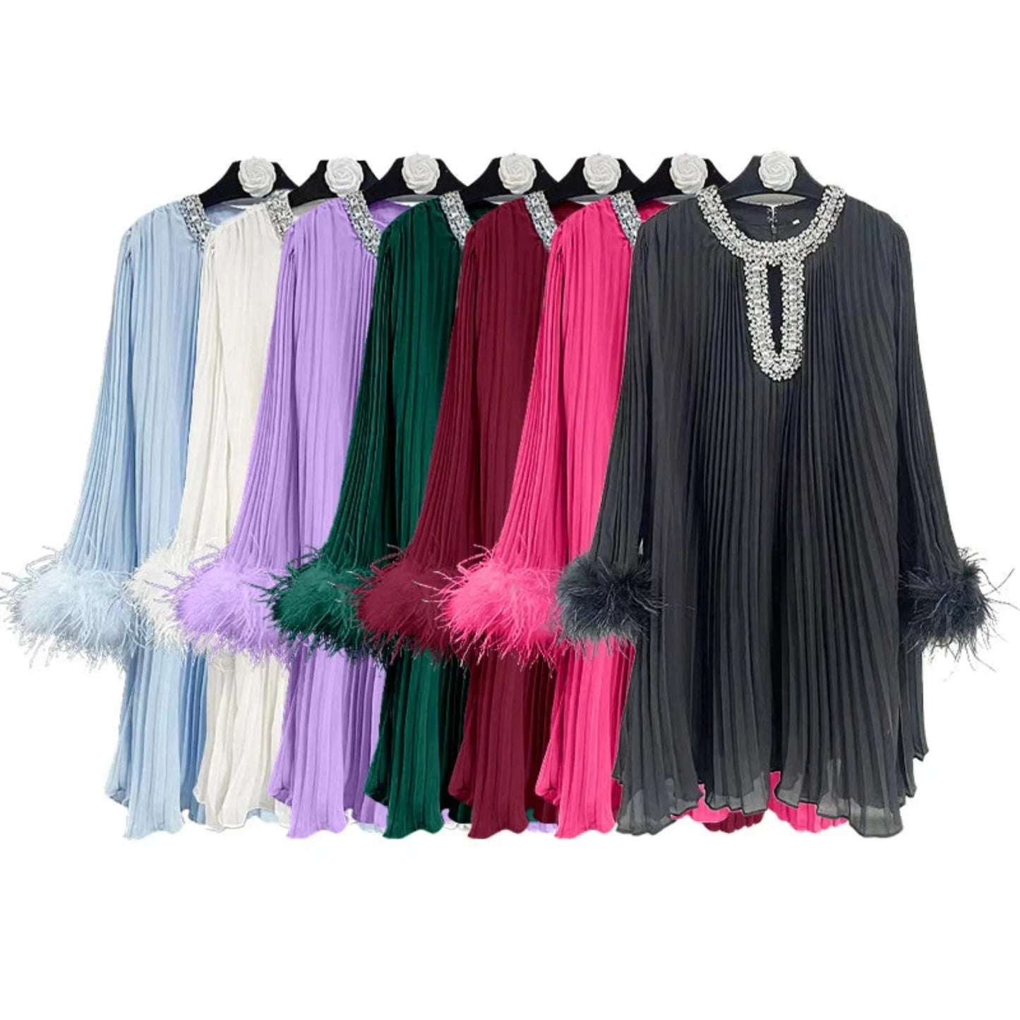 Plisse Crystal Neckline Cocktail Dress
