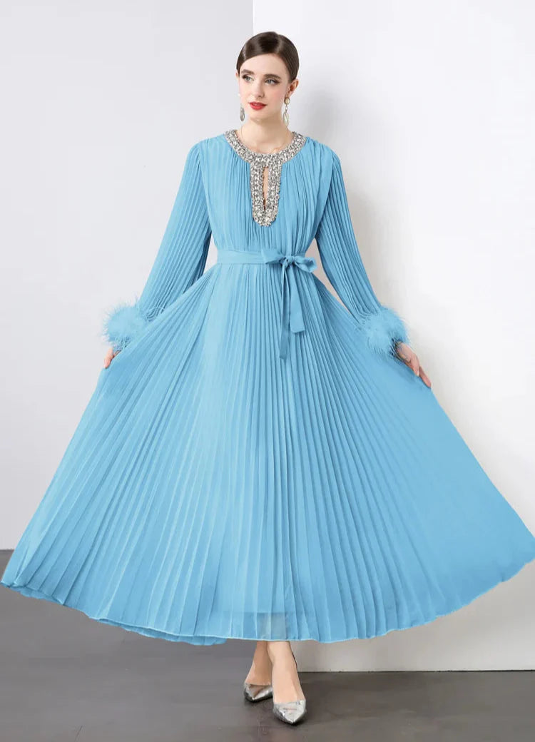 Plisse Faux Fur Crystal Dress