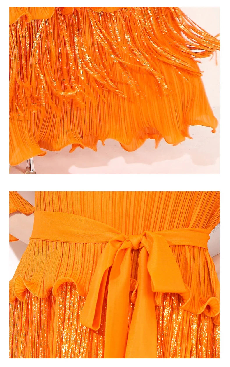 Plissé Japanese Fringe Midi Dress