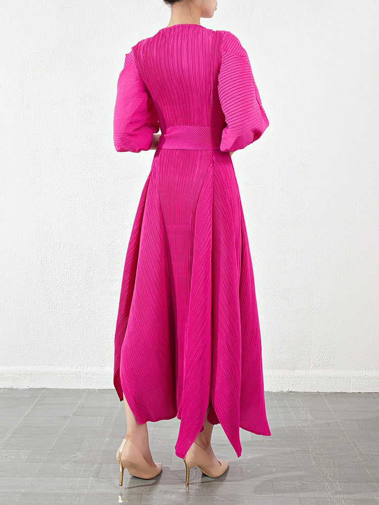 Plissé Pleated Puff Sleeve Dress