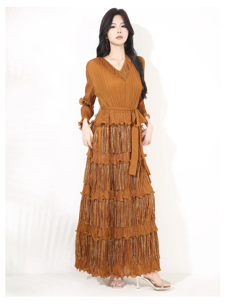 Plissé Japanese Fringe Midi Dress