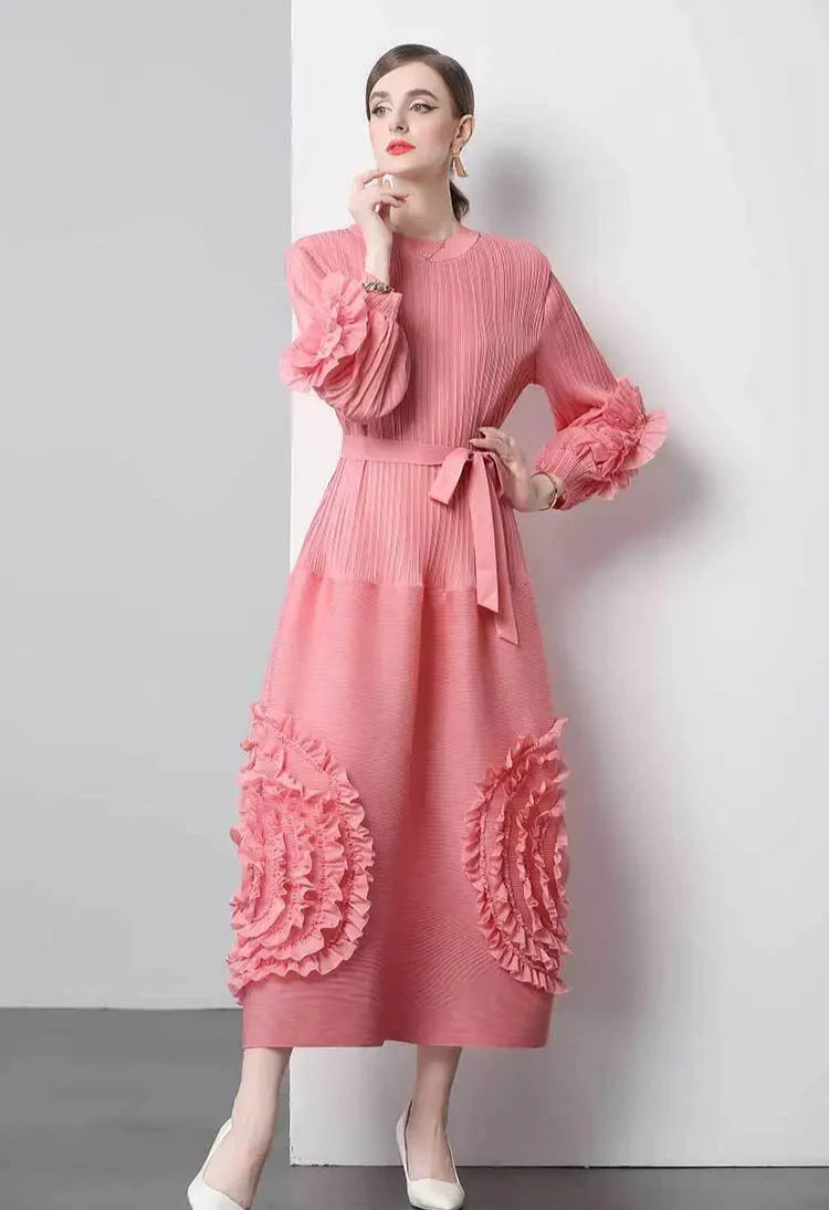 Plisse Floral Bubble Sleeve Dress