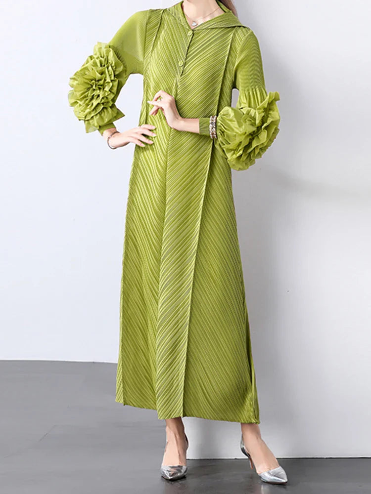 Plissé Pleated Long Sleeve Dress