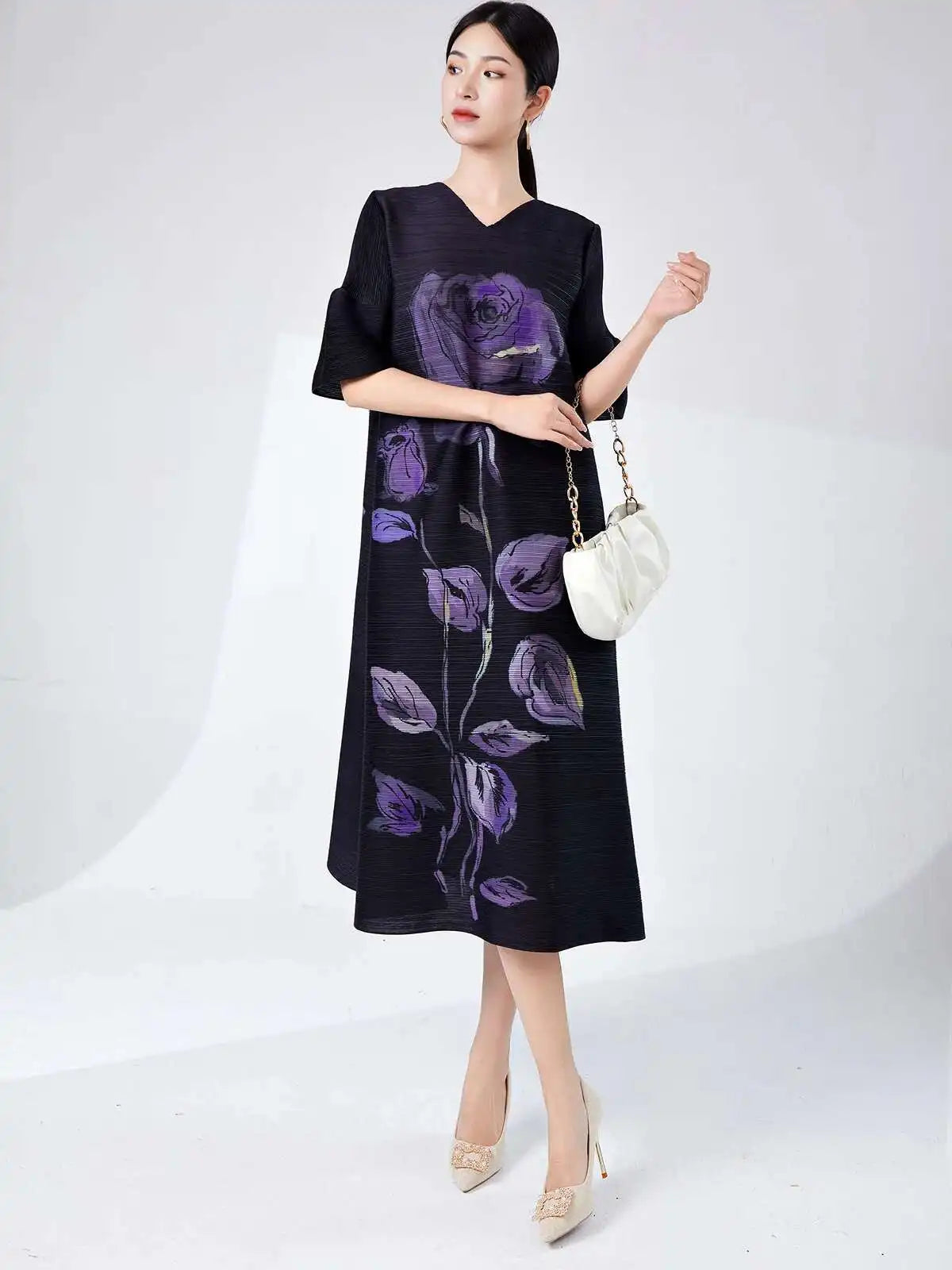 Rose Pleated Cape Sleeve Dress