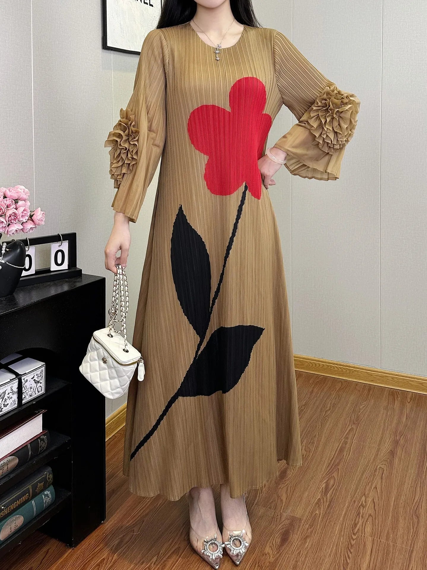 Luxe Flower Print Plisse Dress