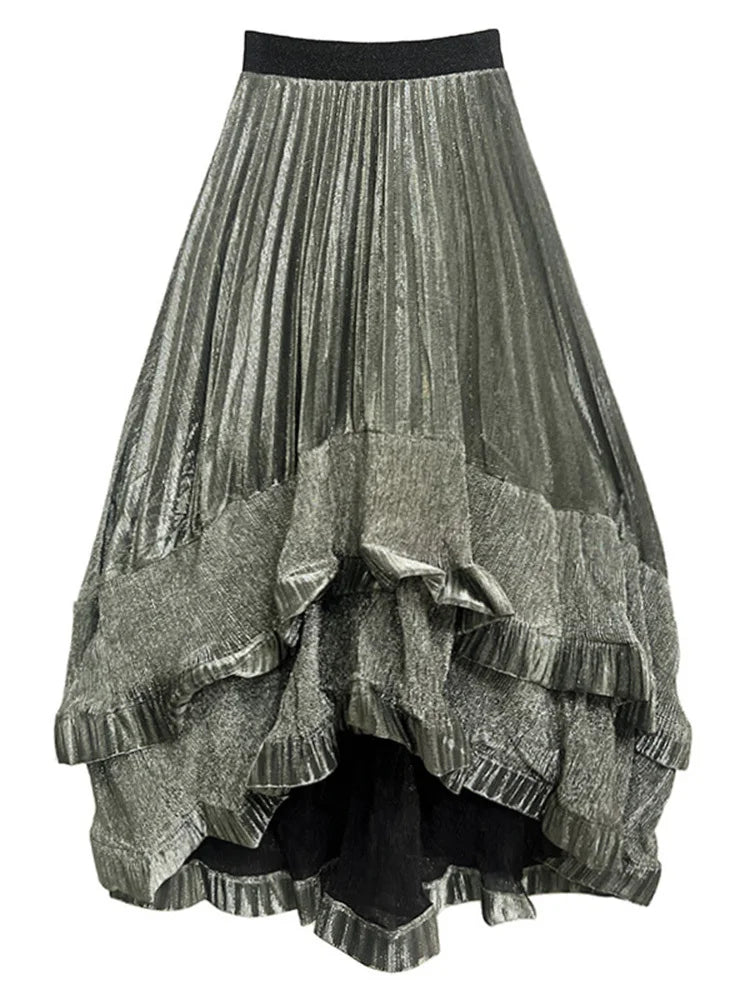 Metallic Asymmetric Pleated Skirt