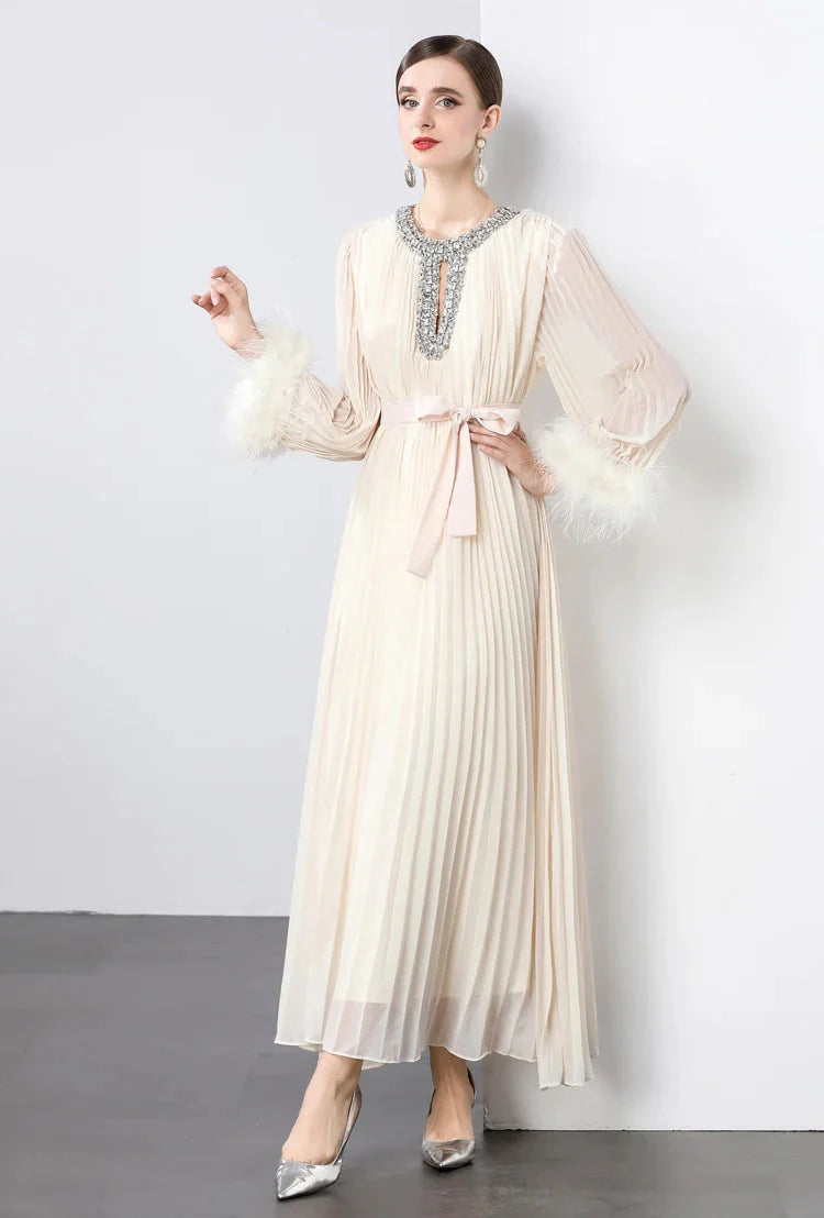 Plisse Faux Fur Crystal Dress