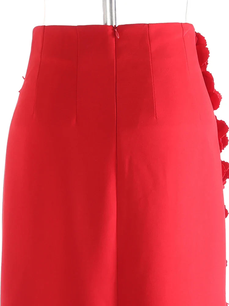 Red Floral Appliqué Midi Skirt