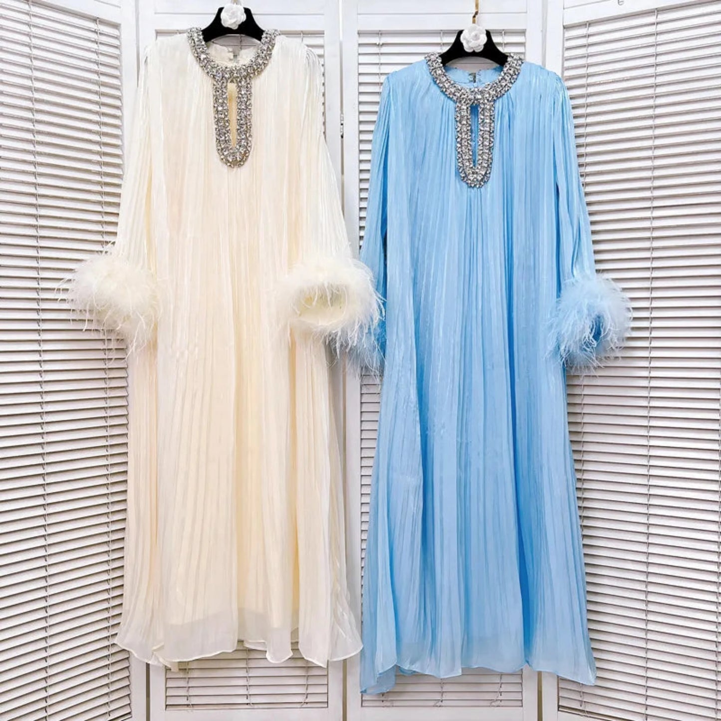 Luxe Pleated Feather Midi Dress