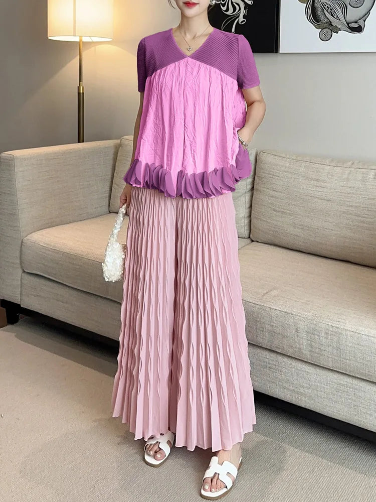 Pleated Chiffon Wide-Leg Trousers