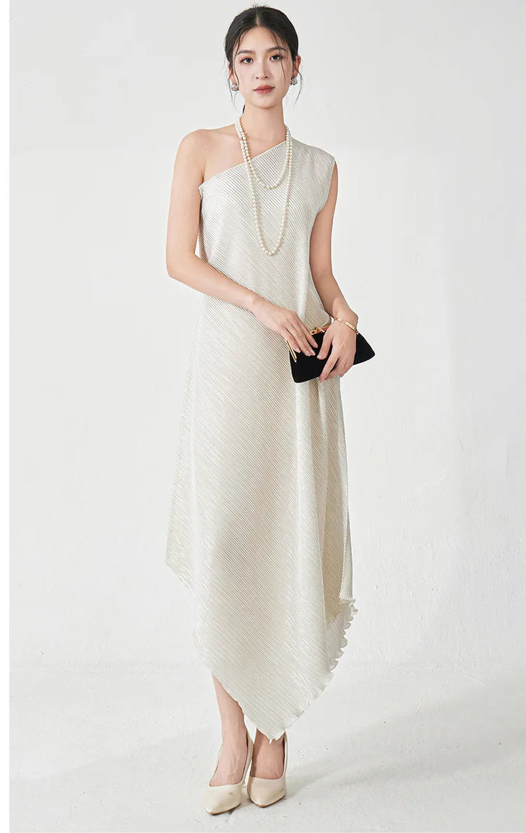 Asymmetric Pleated Midi Dress