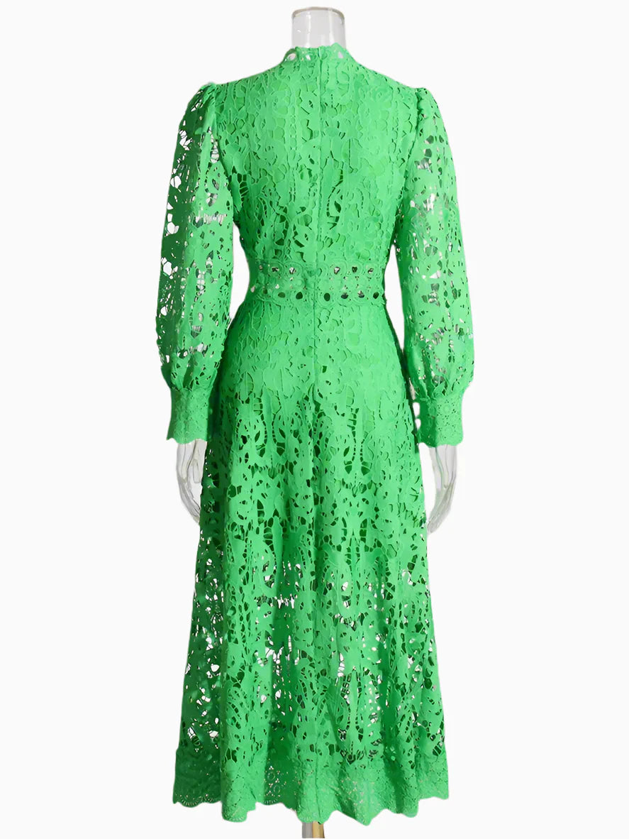 Luxury Cutout High Neck Lace Midi Dress