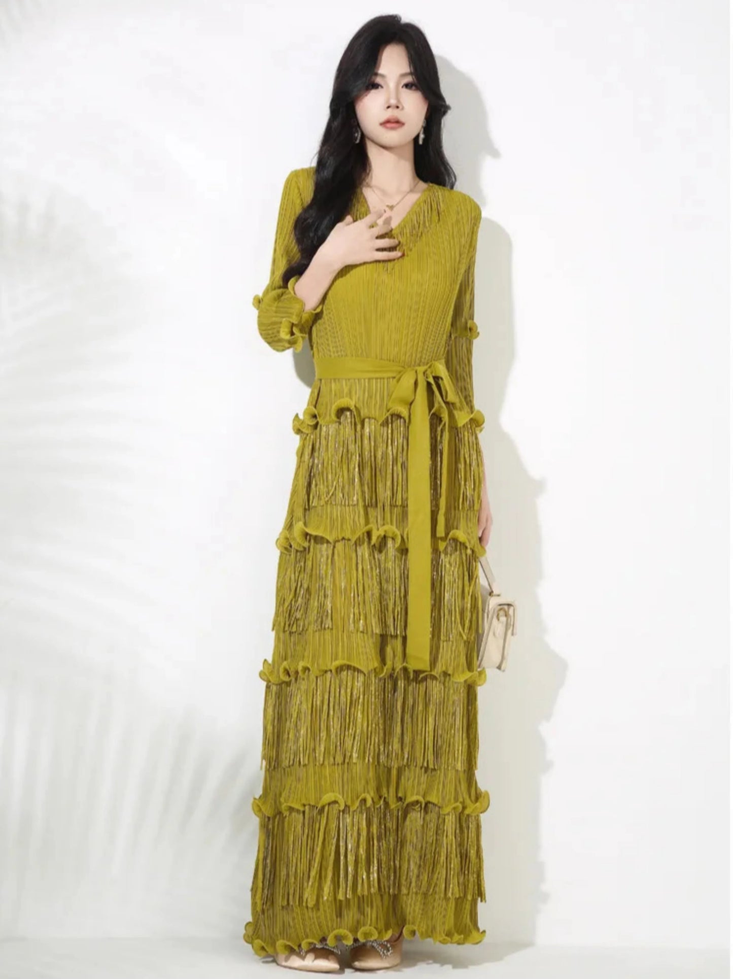 Plissé Japanese Fringe Midi Dress