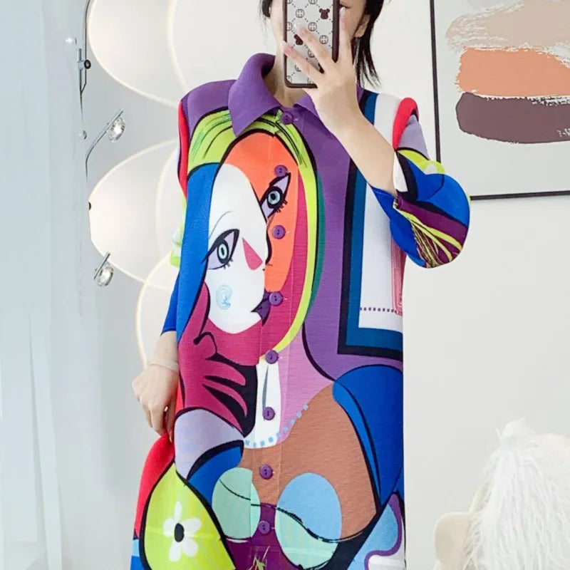 Luxury Abstract Face Plissé Dress