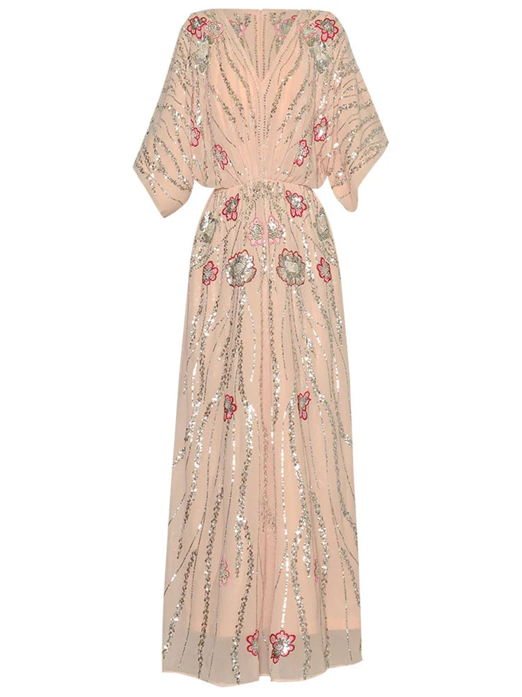 Flowy Sequin-Adorned Evening Dress