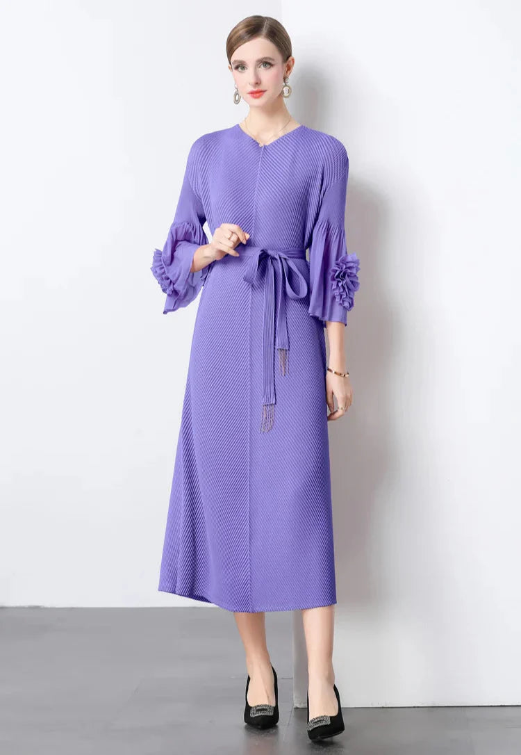 Floral Cape Sleeve Plisse Dress