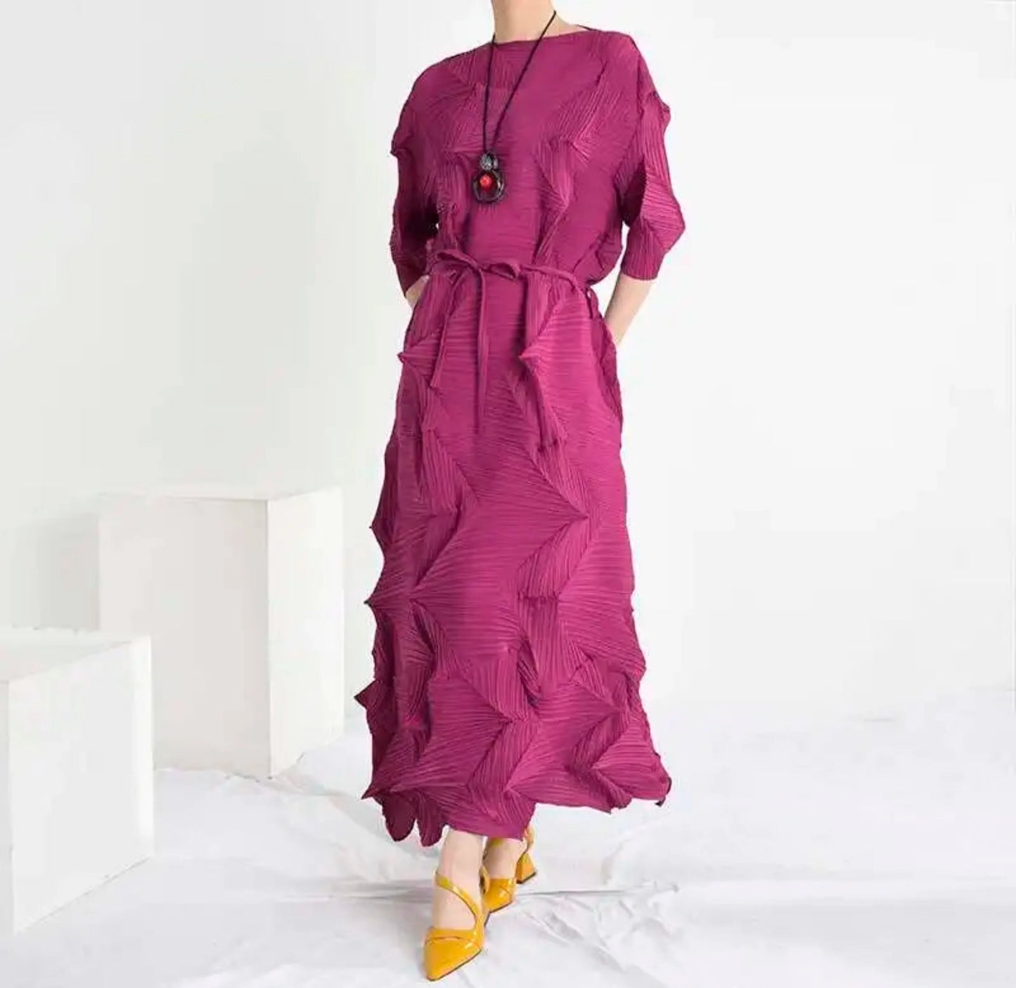 Plissé Geometric Midi Dress