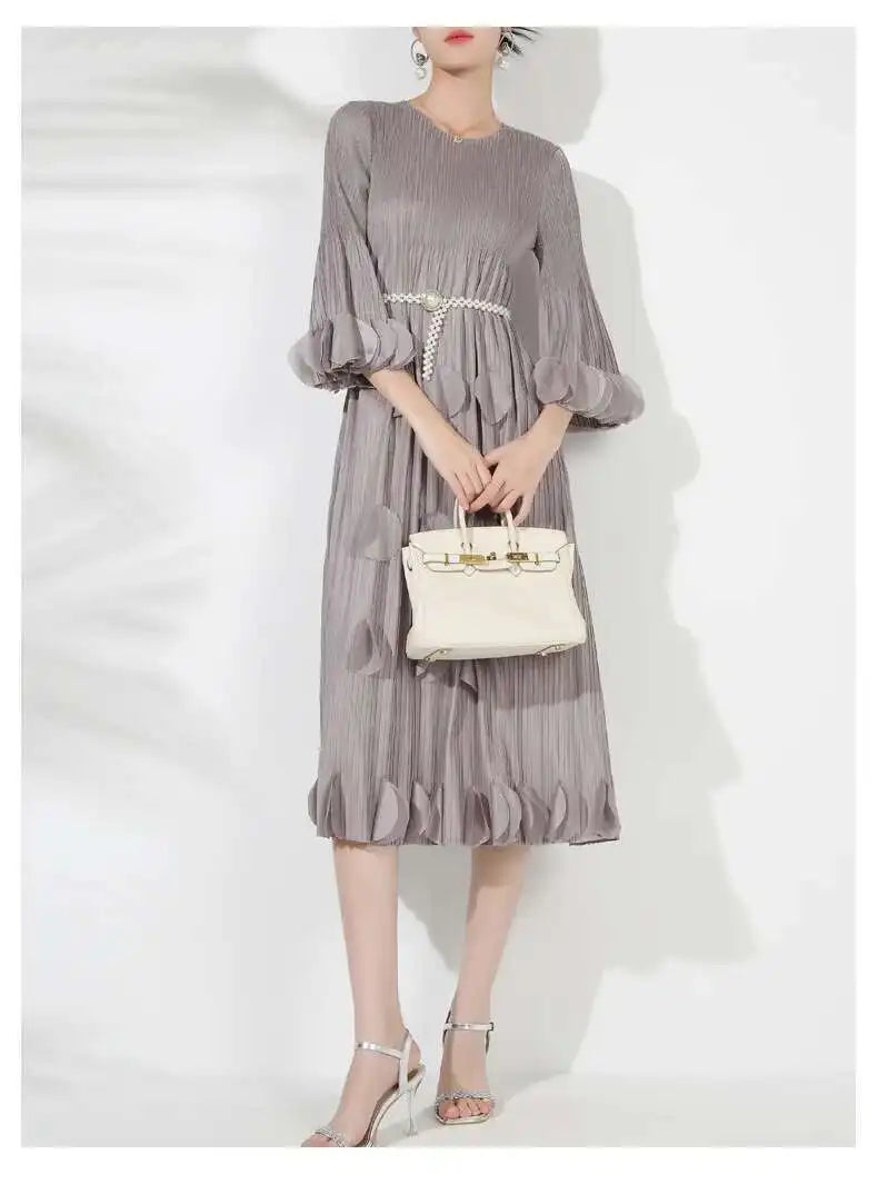 Premium Plissé 3/4 Sleeve Midi Dress