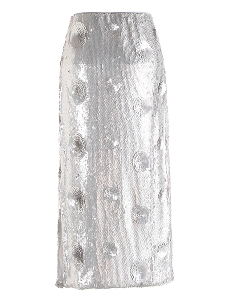 Luxury Silver Sequin Midi Skirt