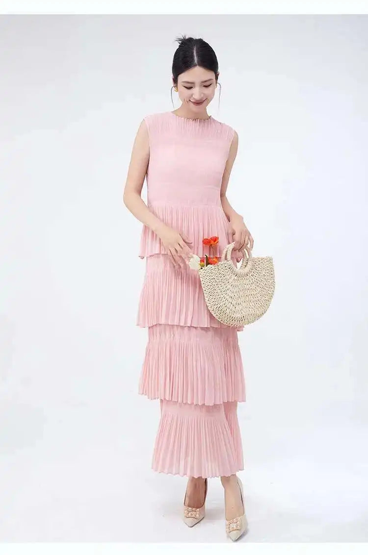 Unique Tiered Pleated Sleeveless Dress