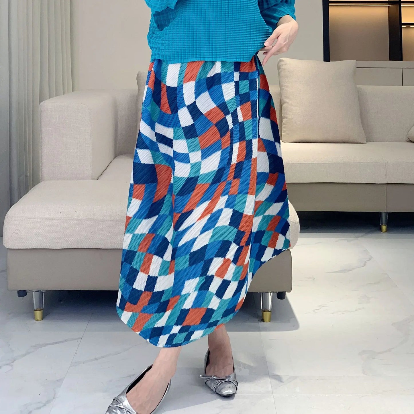 Geometric Pleated Midi Skirt