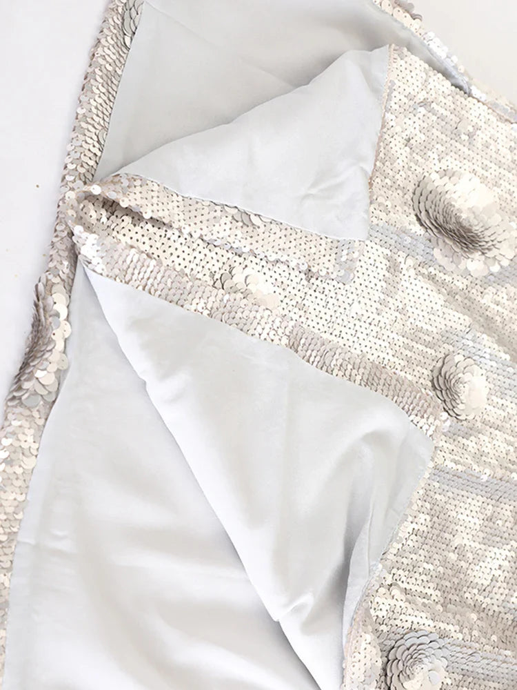 Luxury Silver Sequin Midi Skirt