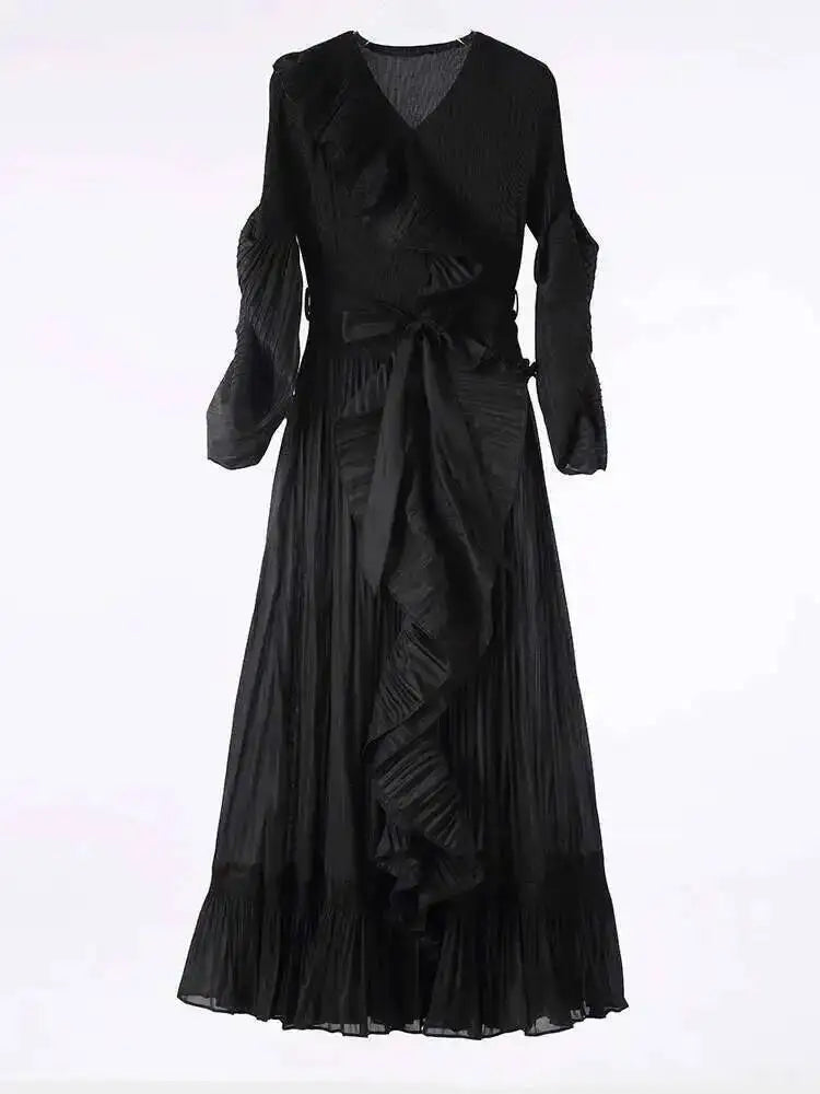 Ruffle Pleated V-Neck Dress