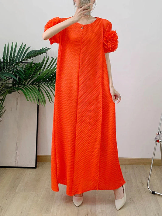 Luxe Floral Short Sleeve Plissé Pleated Long Dress