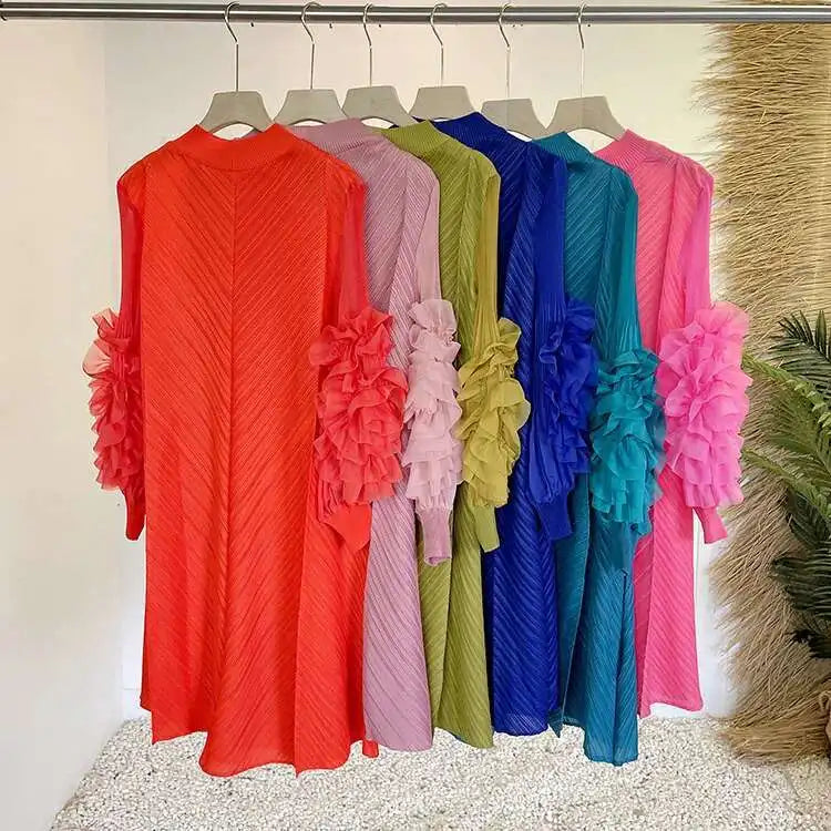 Luxury Pleated Floral Ruffle Dress