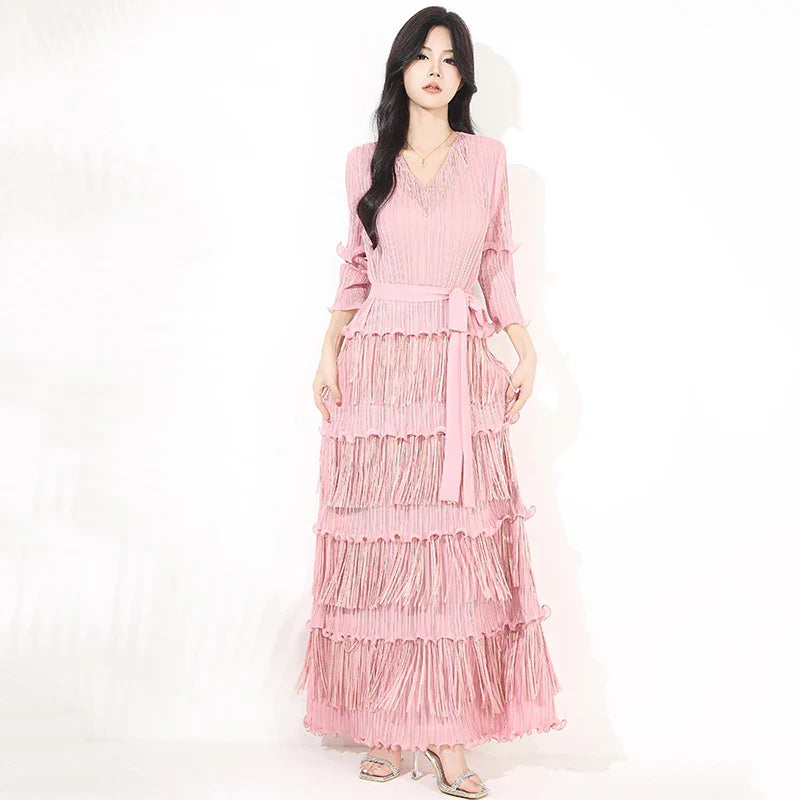 Plissé Japanese Fringe Midi Dress