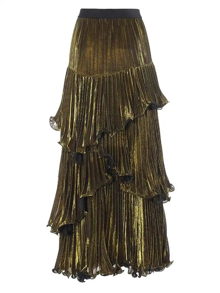 Metallic Tiered Midi Skirt
