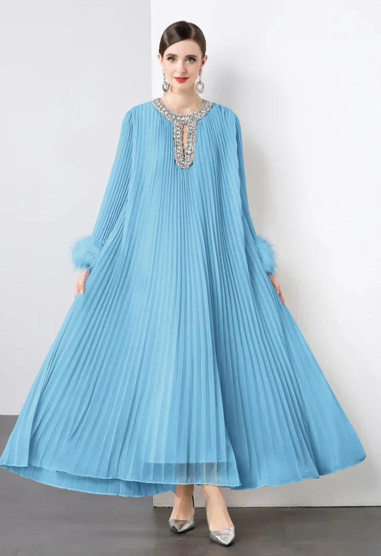 Plisse Faux Fur Crystal Dress