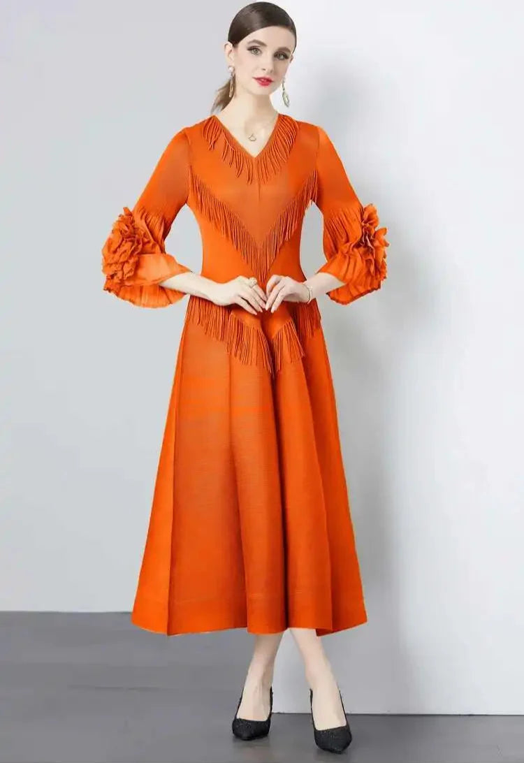 Plisse Floral Cape Sleeve Dress
