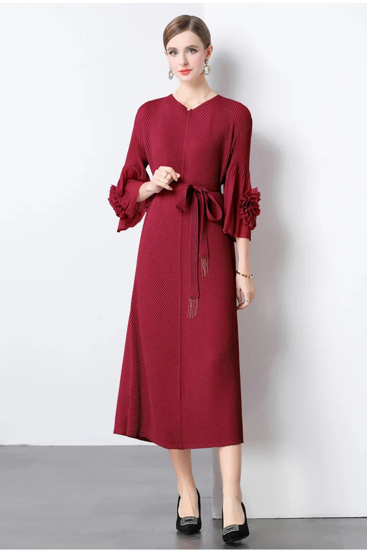 Floral Cape Sleeve Plisse Dress