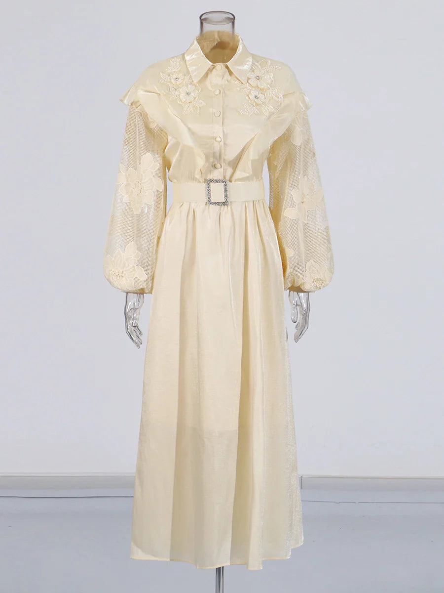 Couture Midi Dress with Sheer Mesh Long Sleeves