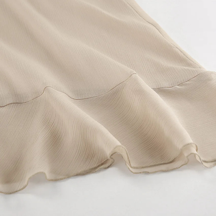 Luxe Sheer Beige Flowing Dress - Ruffled Long Sleeve