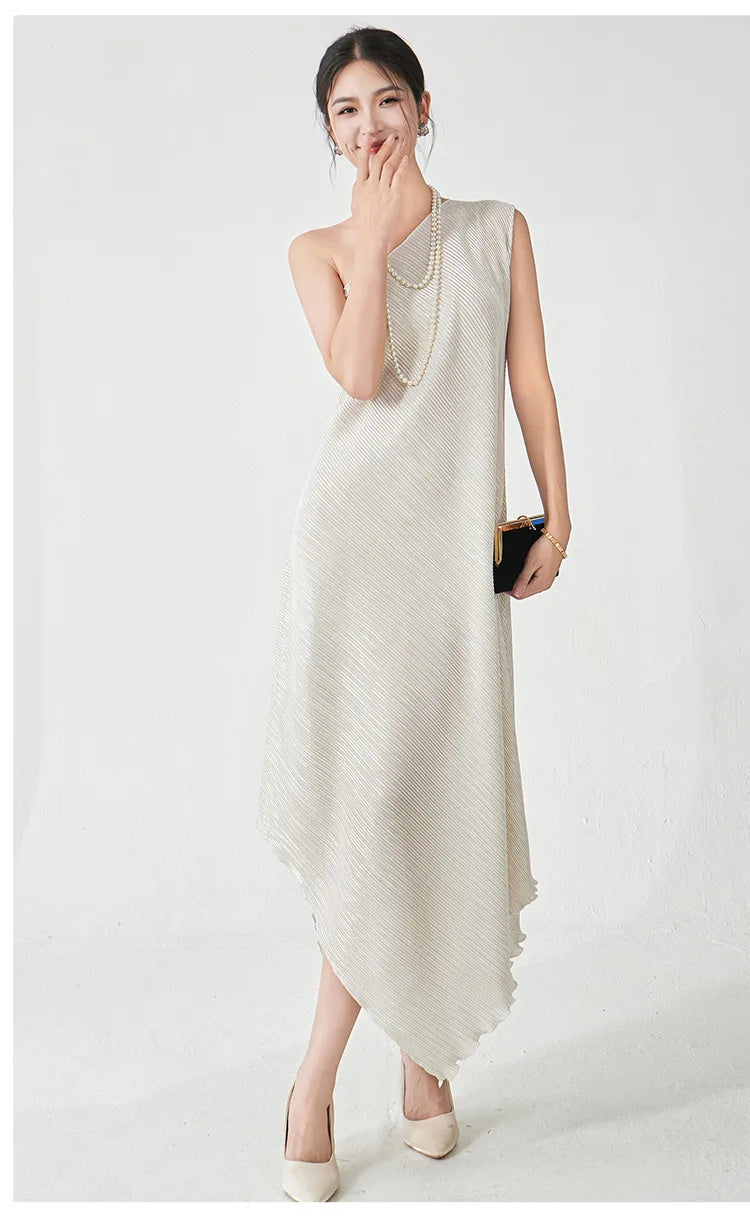 Asymmetric Pleated Midi Dress