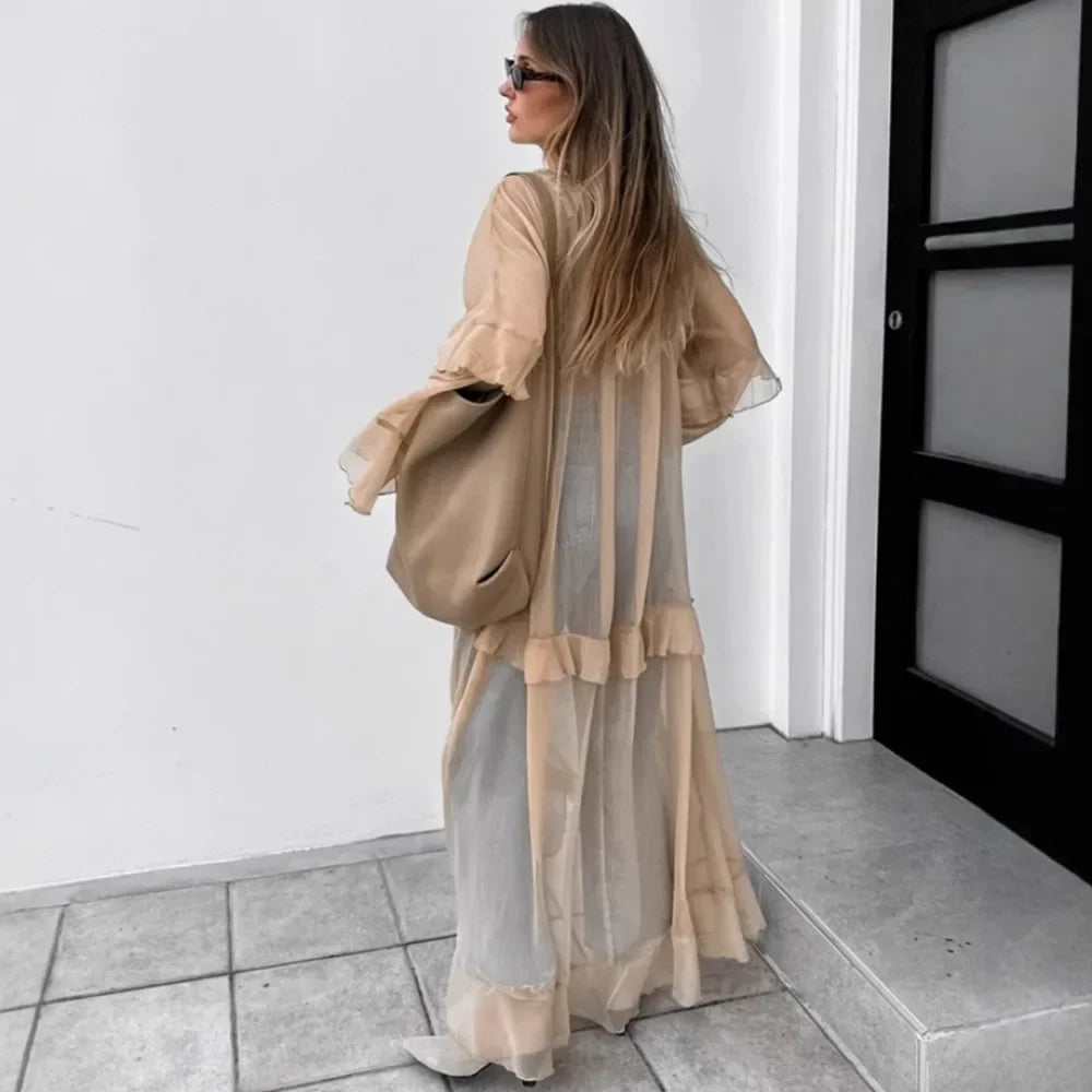 Luxe Sheer Beige Flowing Dress - Ruffled Long Sleeve