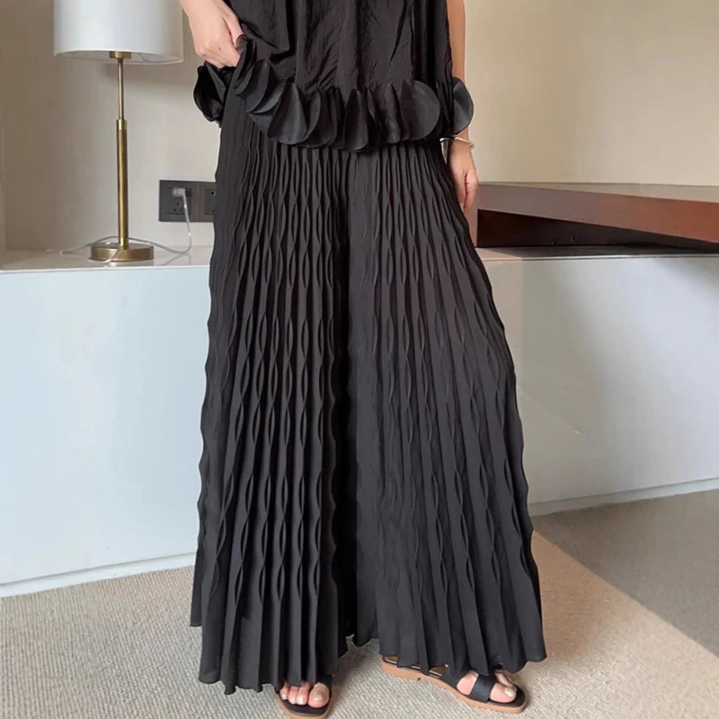 Pleated Chiffon Wide-Leg Trousers