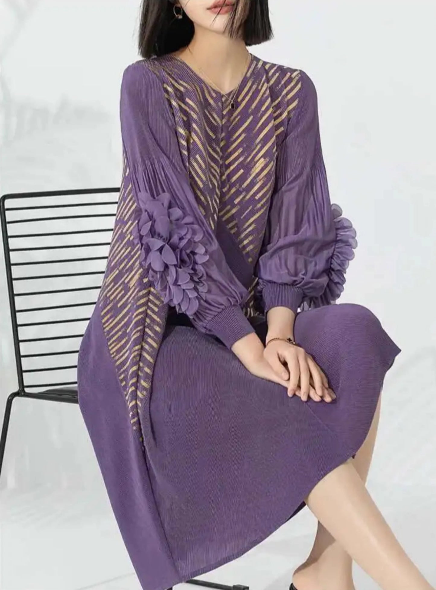Luxury Plissé Floral Sleeve Dress