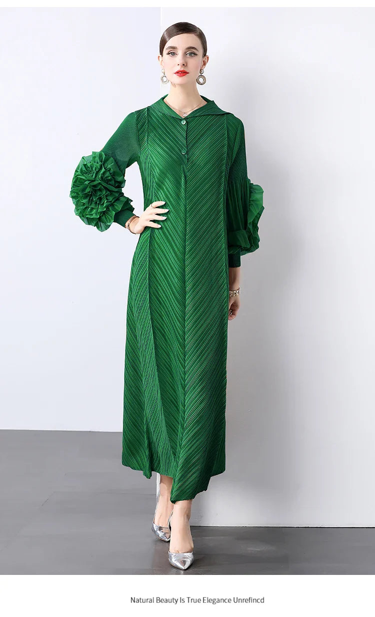 Plissé Pleated Long Sleeve Dress