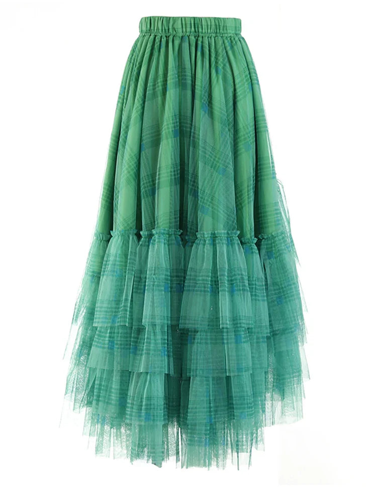 Plaid Asymmetric Tulle Pull-On Skirt
