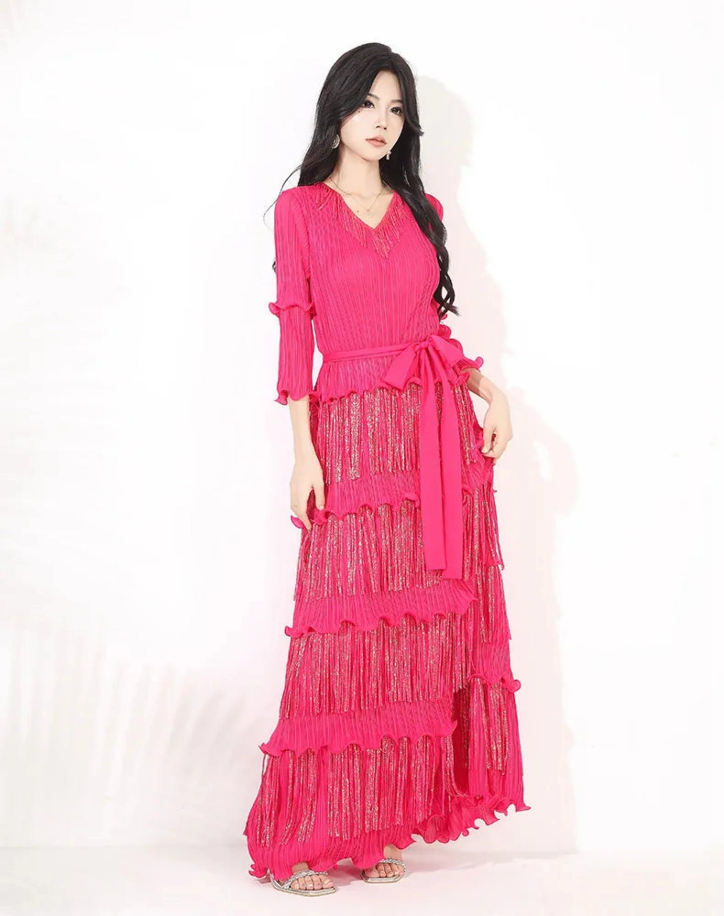 Plissé Japanese Fringe Midi Dress