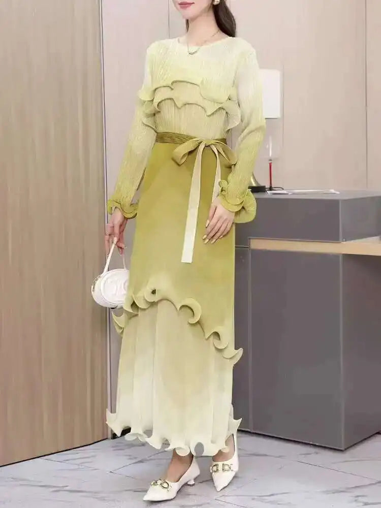 Ombre Pleated Ruffle Long Dress