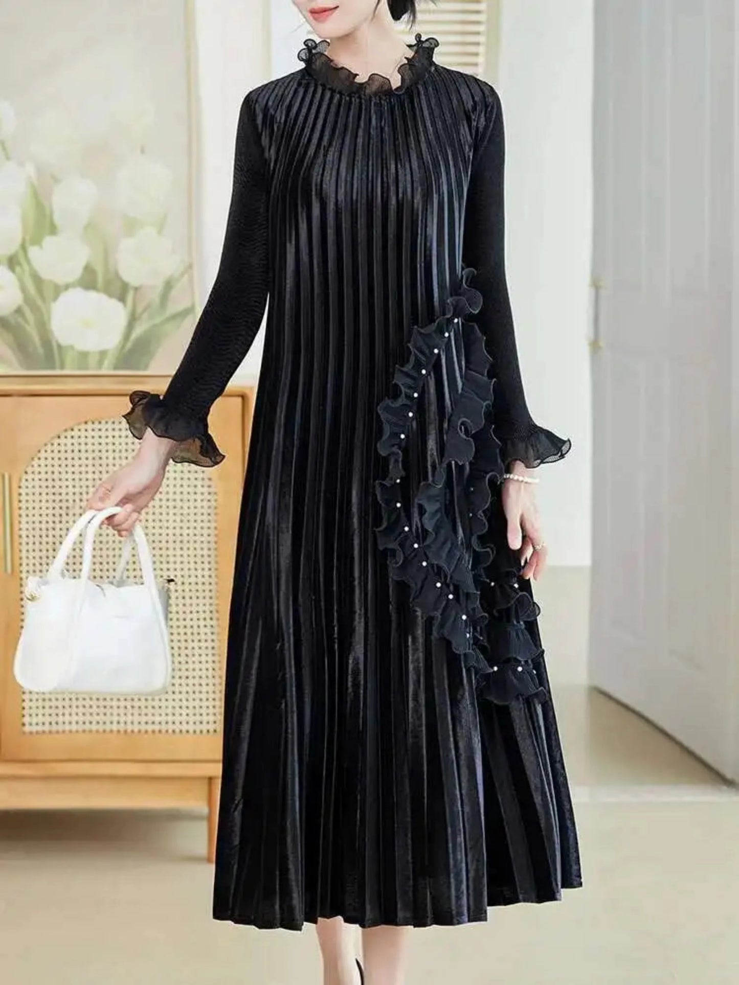 Truly Plissé Beaded Ruffle Dress