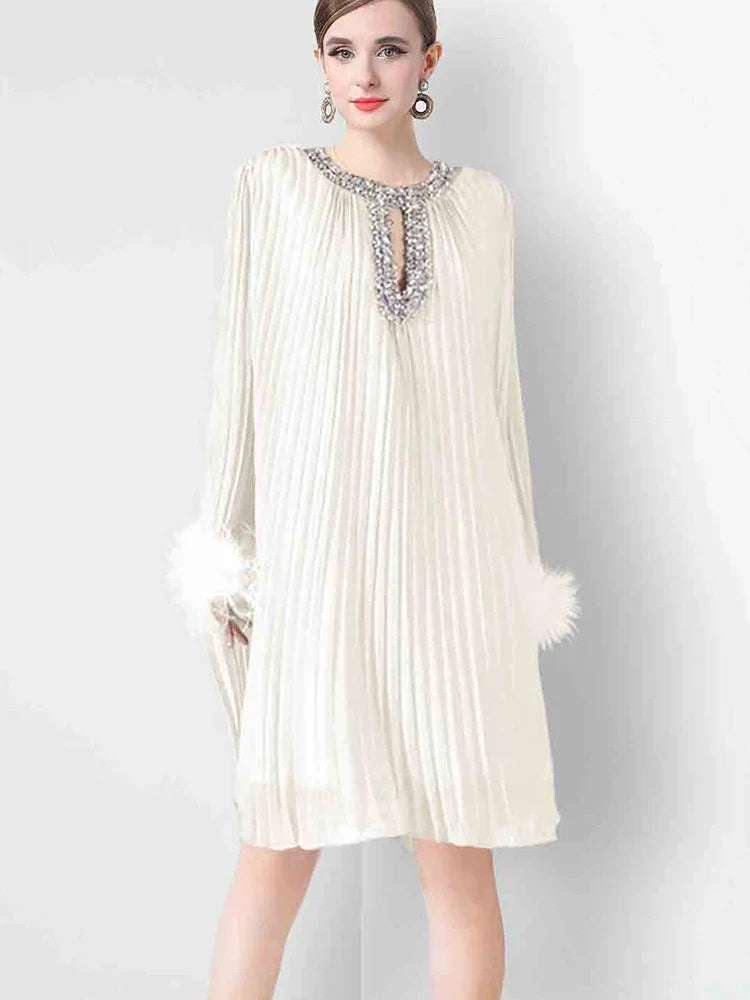 Plisse Crystal Neckline Cocktail Dress
