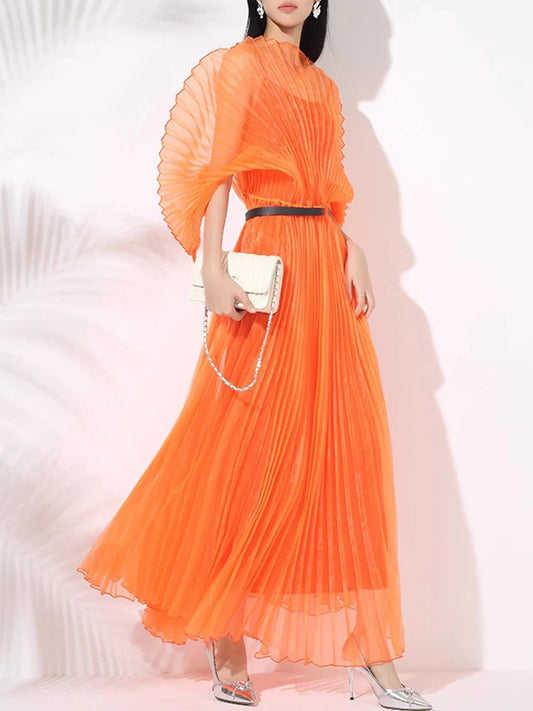 Statement Pleated Dress with Kimono Sleeves