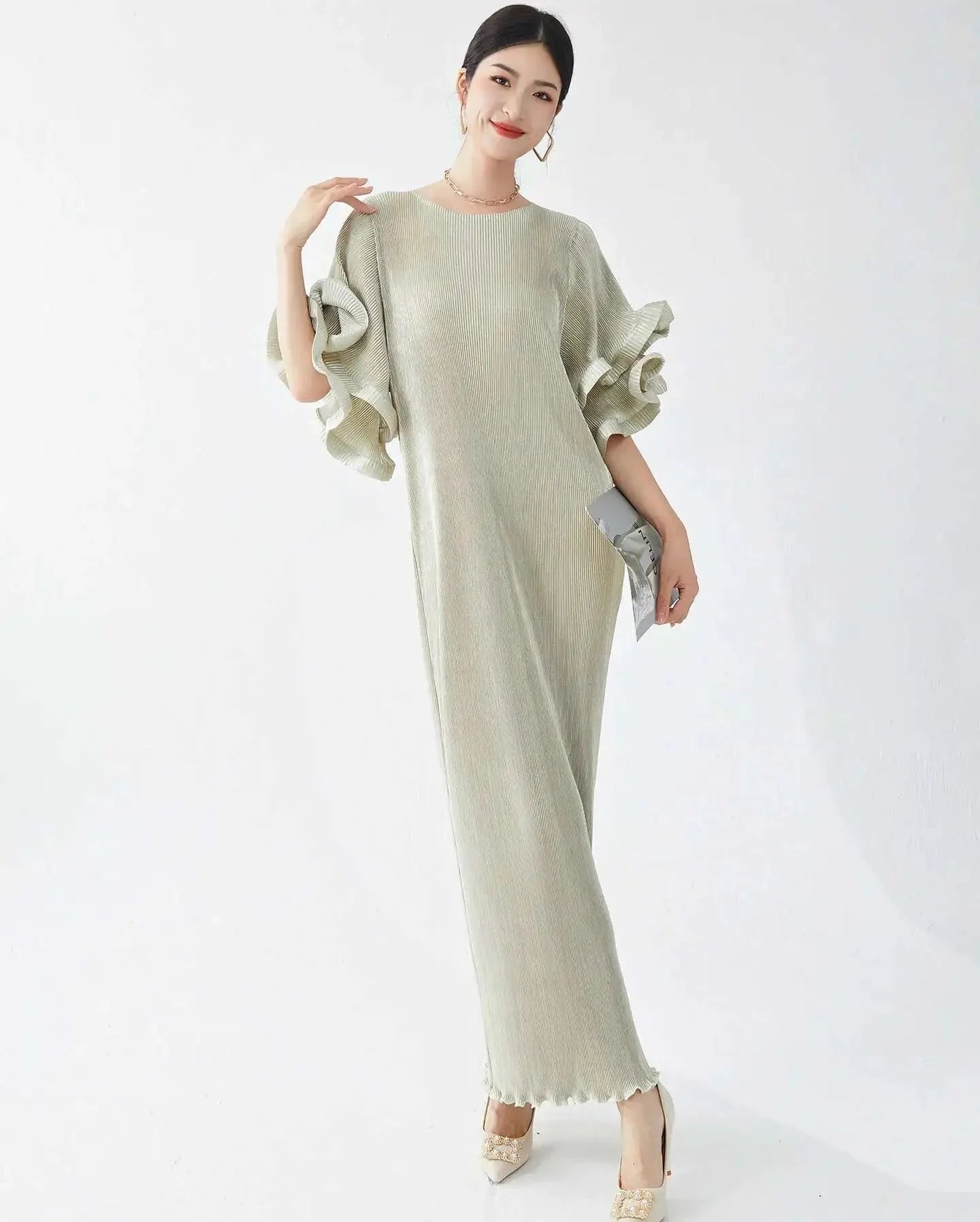 Luxury Pleated Flare Sleeve Dress