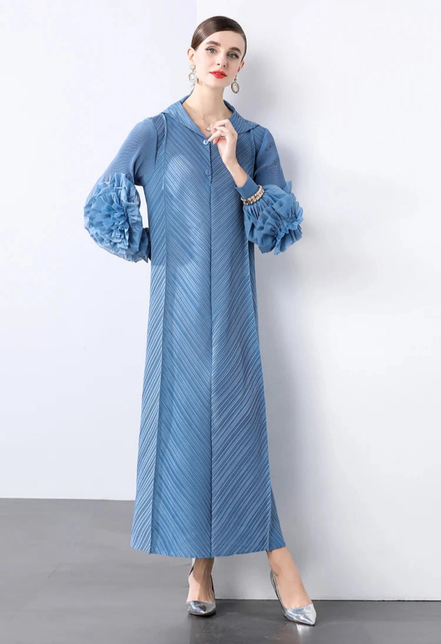 Plissé Pleated Long Sleeve Dress